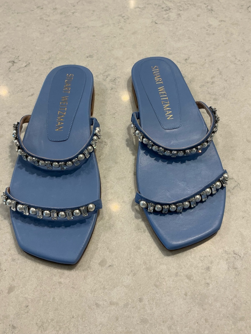 Stuart Weitzman Blue Pearl & Crystal Double-Strap Slide Sandals